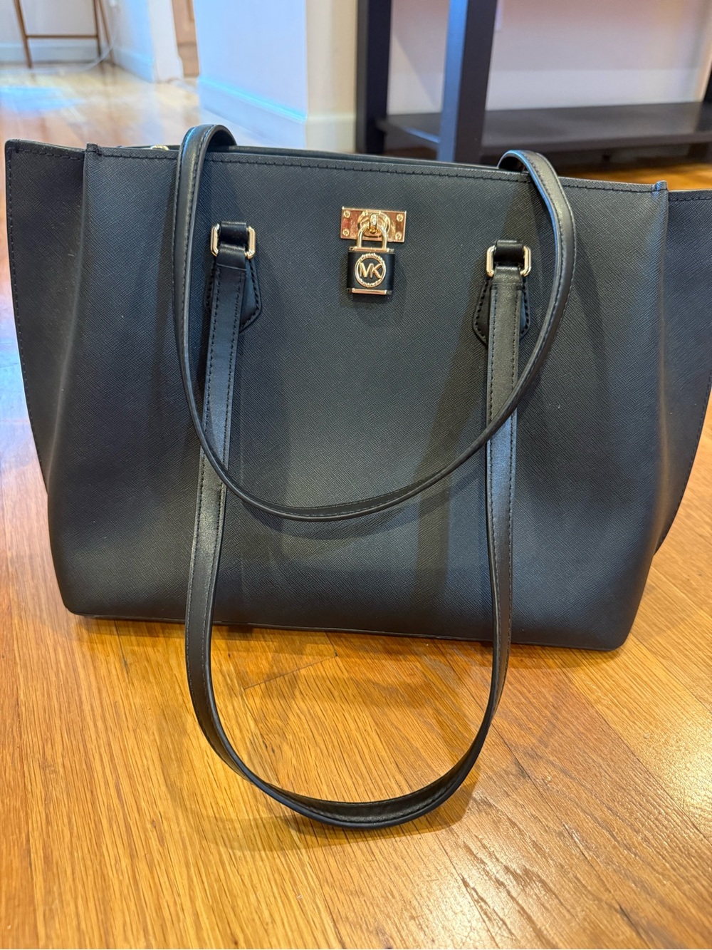 Michael Kors Black Saffiano Leather Tote with Gold Lock